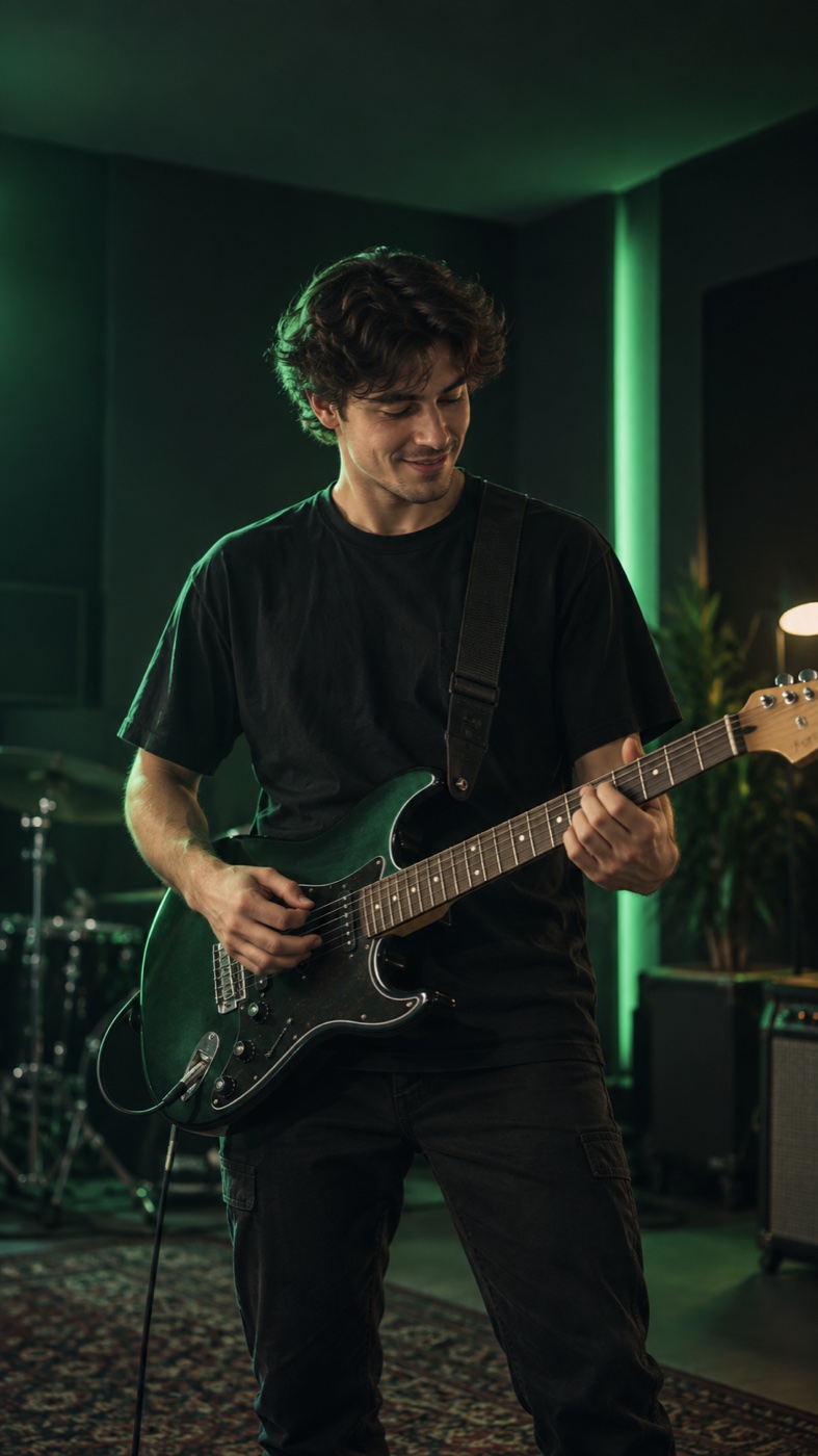 Guitarrista tocando em um estúdio com luzes verdes